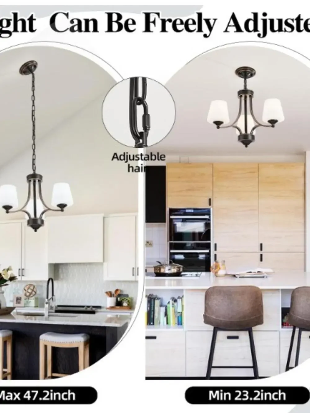 3 Light Farmhouse Chandelier with Milk White Frosted Glass Shades Black